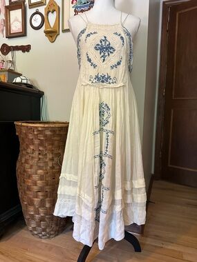 Free People diamonds in the sky Cream and blue embroidered maxi dress